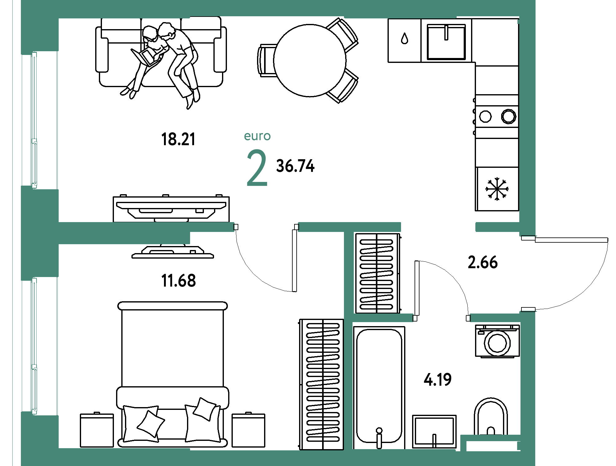 Планировка: Евродвушка 36,74 м² в ЖК «Остров-сад»