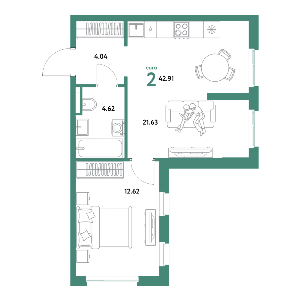 Планировка: Евродвушка 42,91 м²