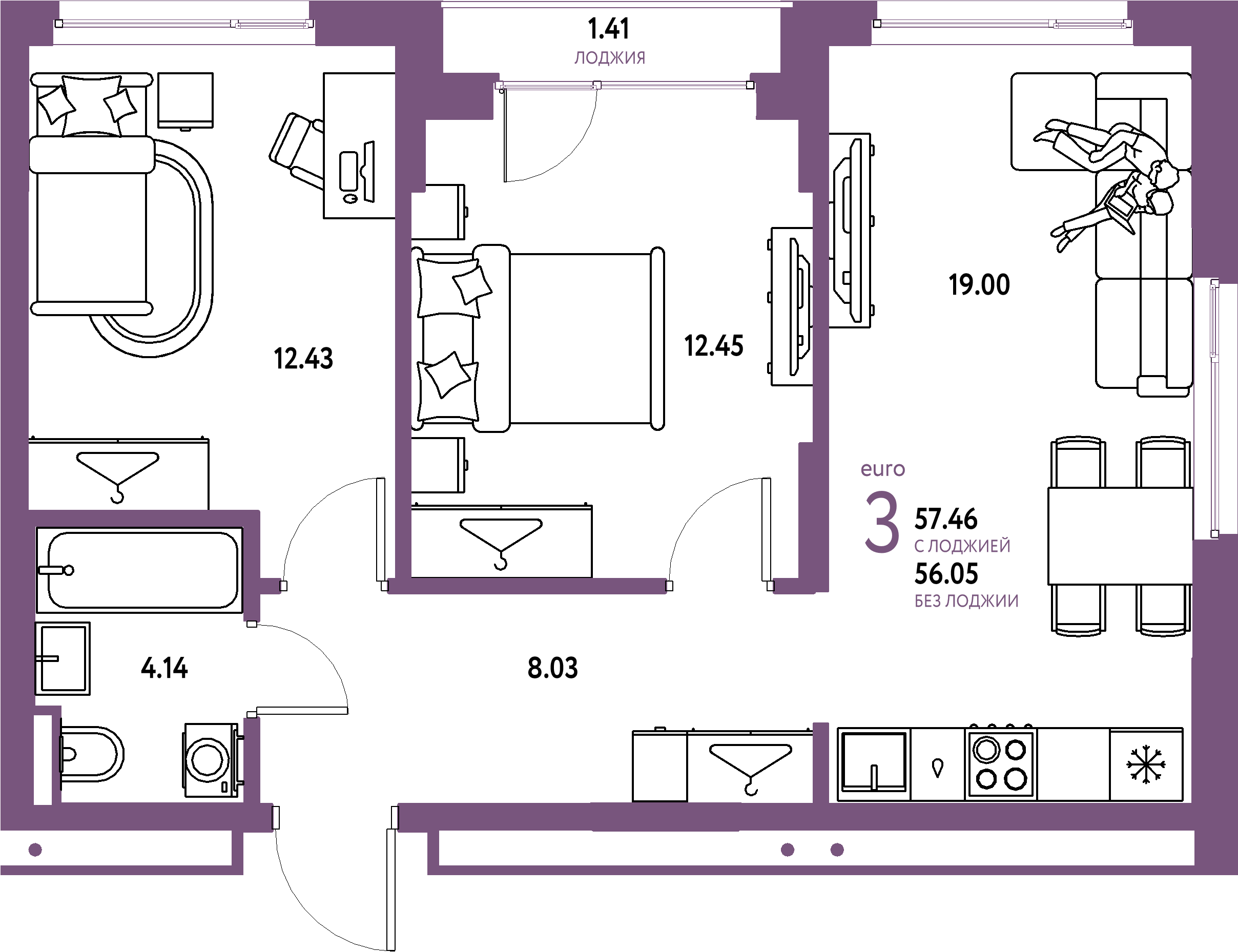 Планировка: Евротрёшка 57,46 м² в ЖК «Страна.Прибрежная»