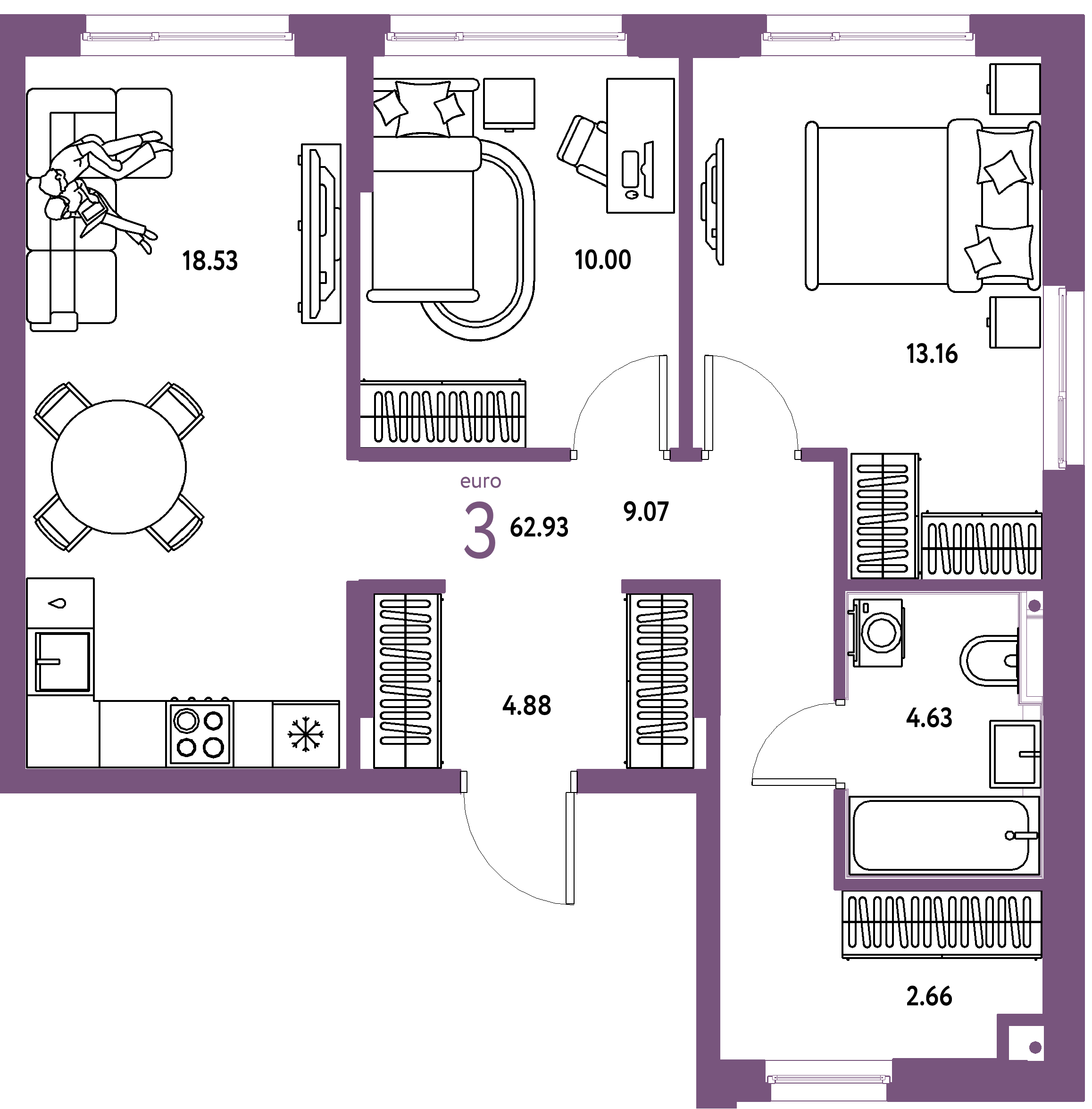 Планировка: Евротрёшка 62,93 м² в ЖК «Сердце Сибири»