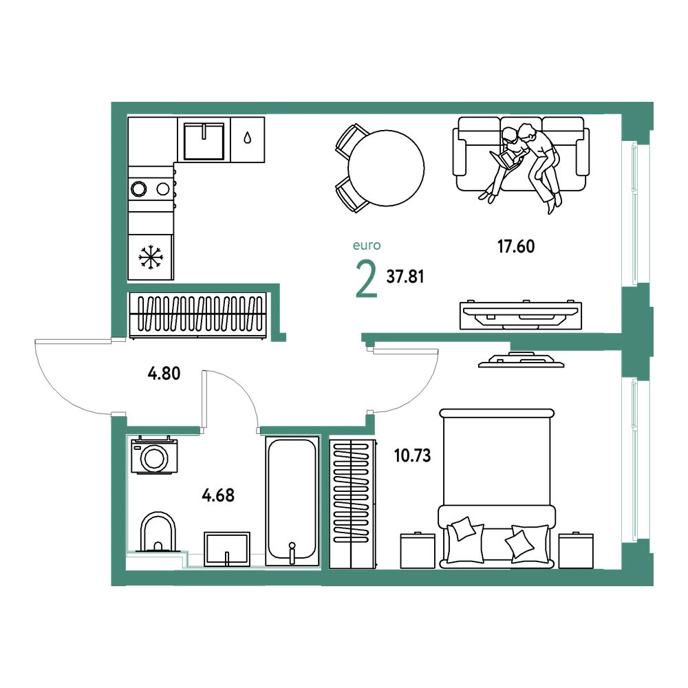 Планировка: Евродвушка 37,81 м²