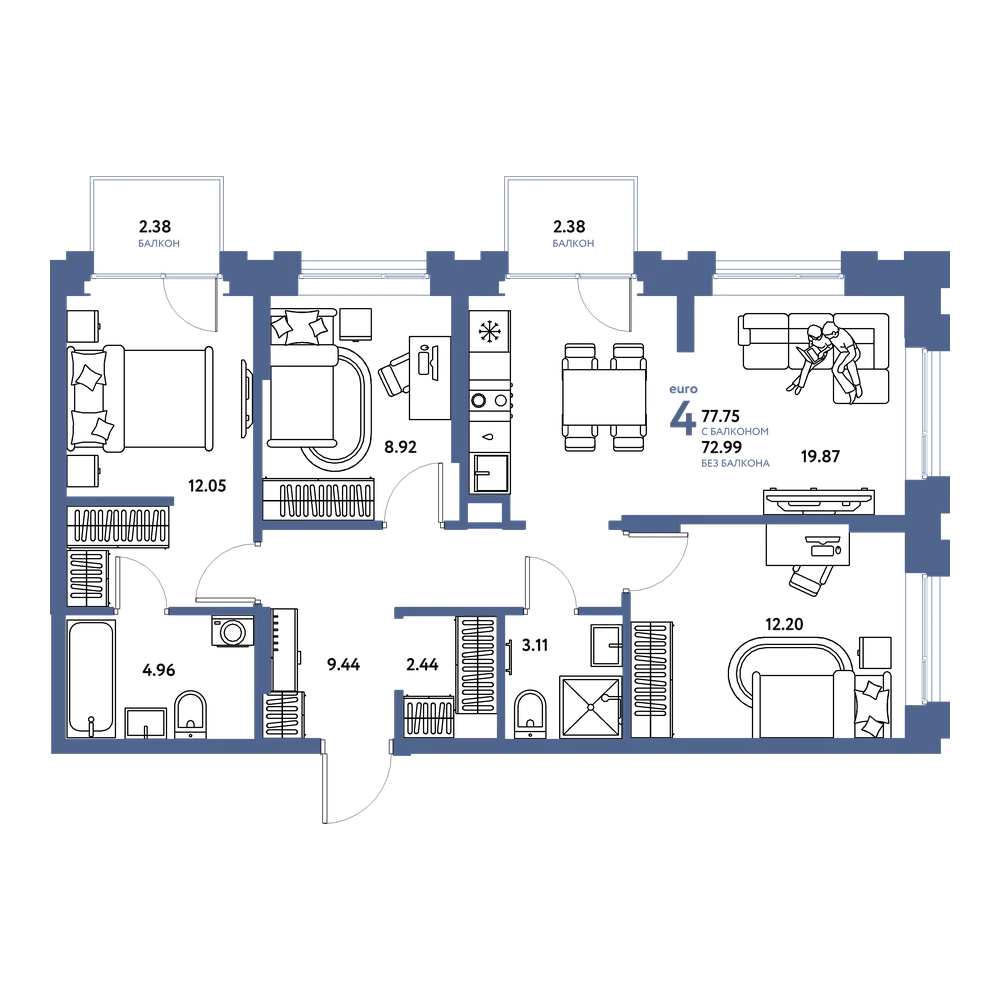 Планировка: Евро-4 77,75 м²