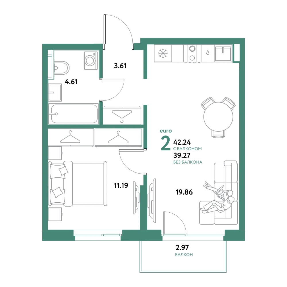 Планировка: Евродвушка 42,24 м²