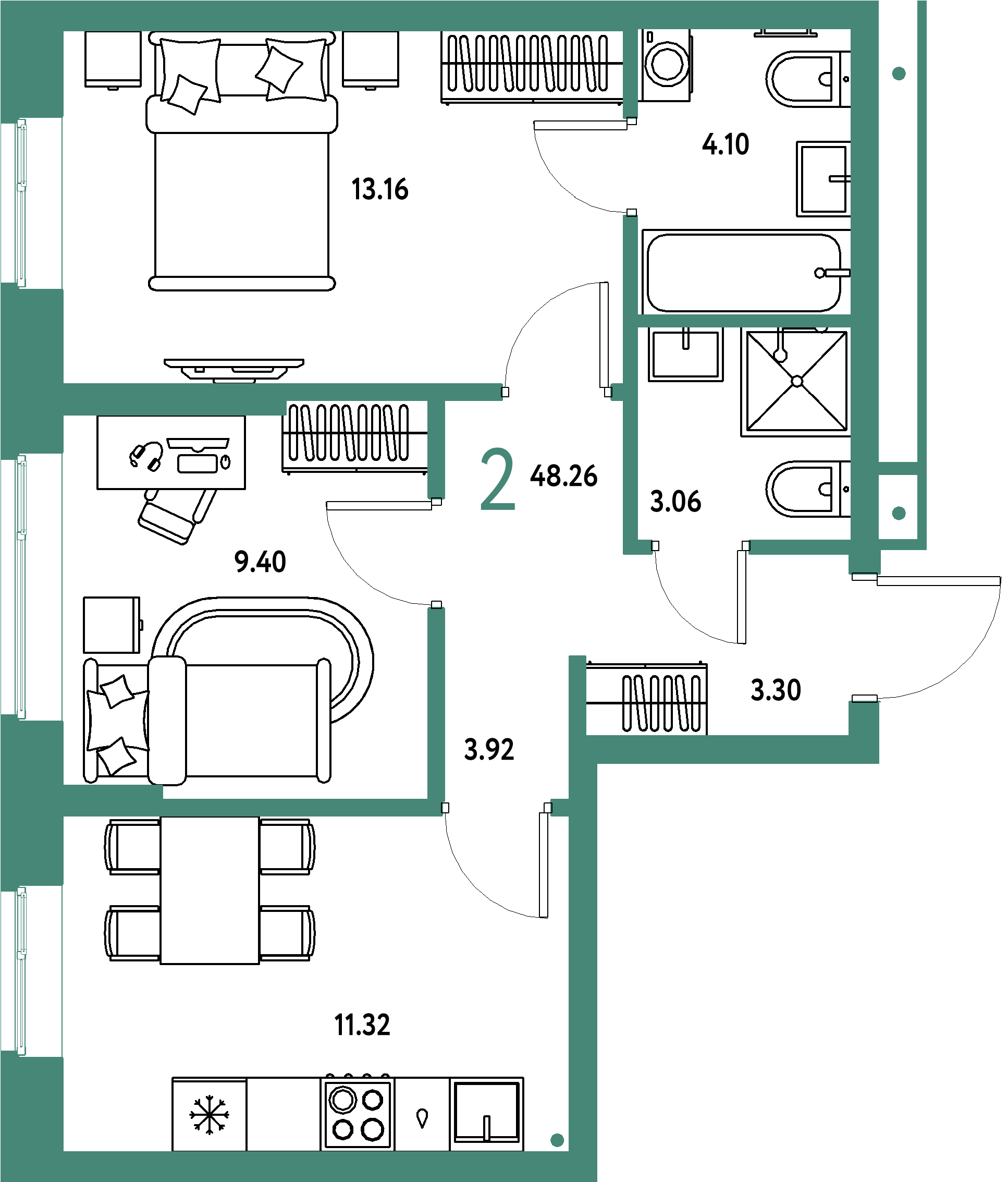 Планировка: 2-комнатная 48,26 м² в ЖК «Домашний»