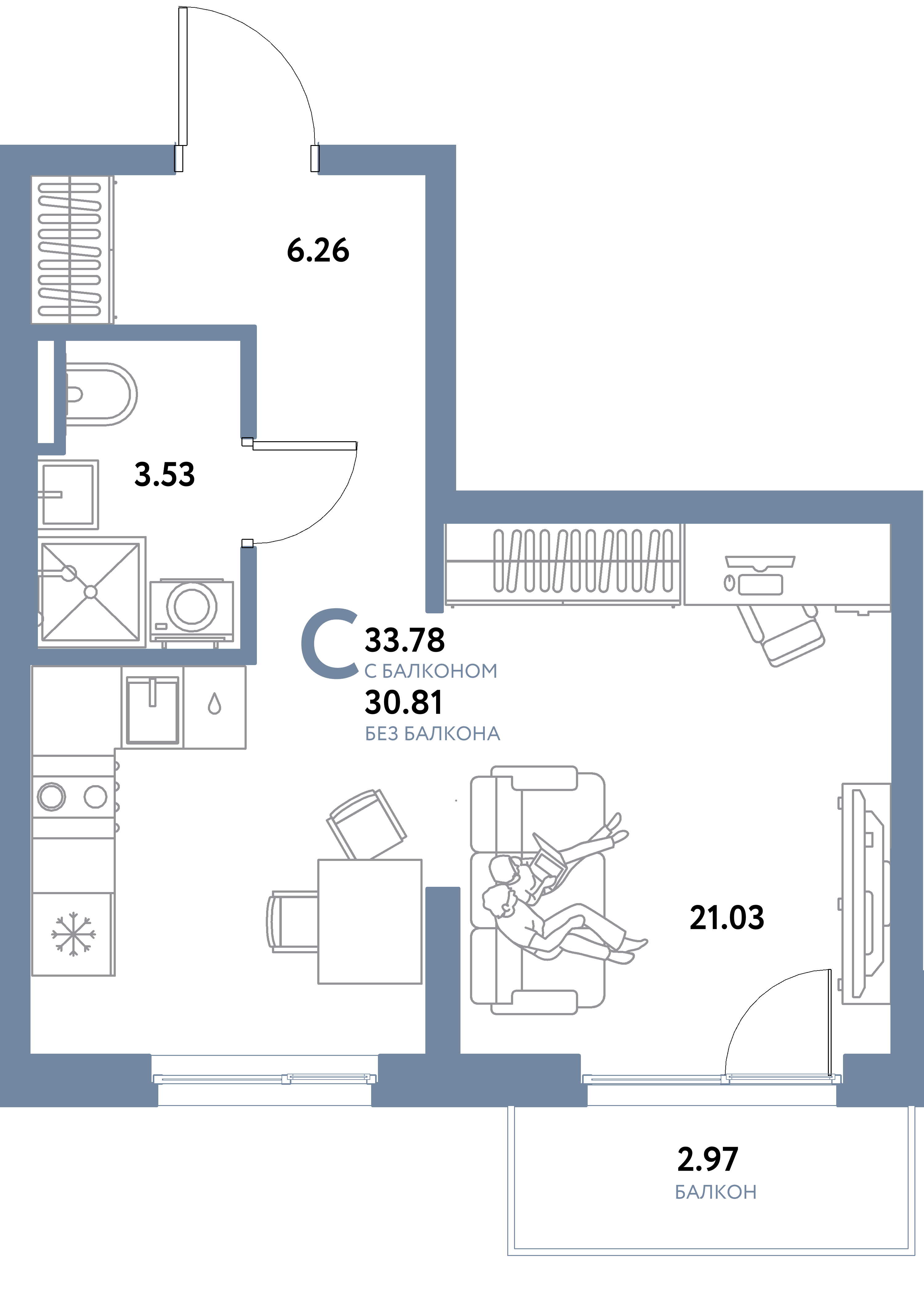 Планировка: Студия 33,78 м² в ЖК «Остров-сад»