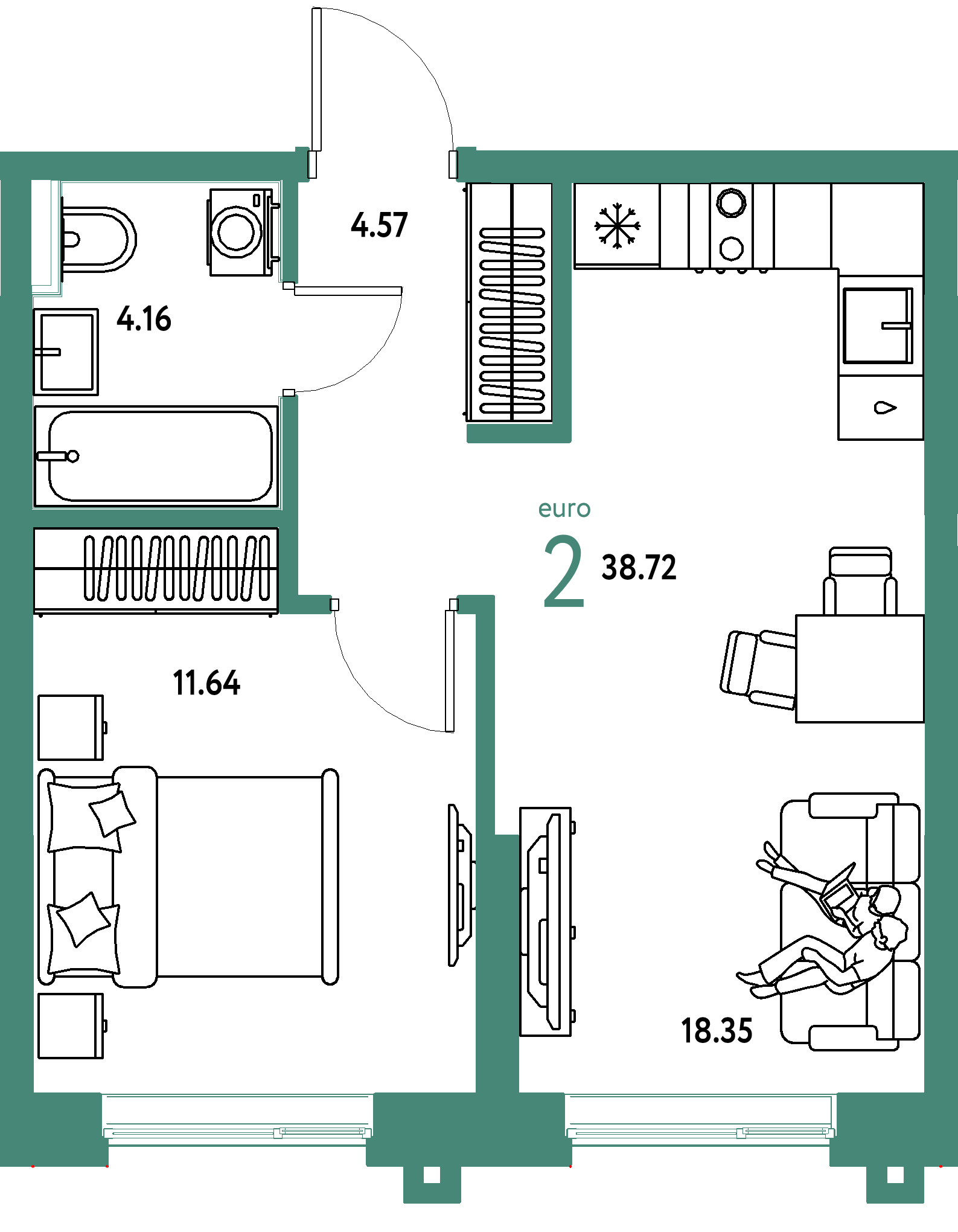 Планировка: Евродвушка 38,72 м² в ЖК «Остров-сад»