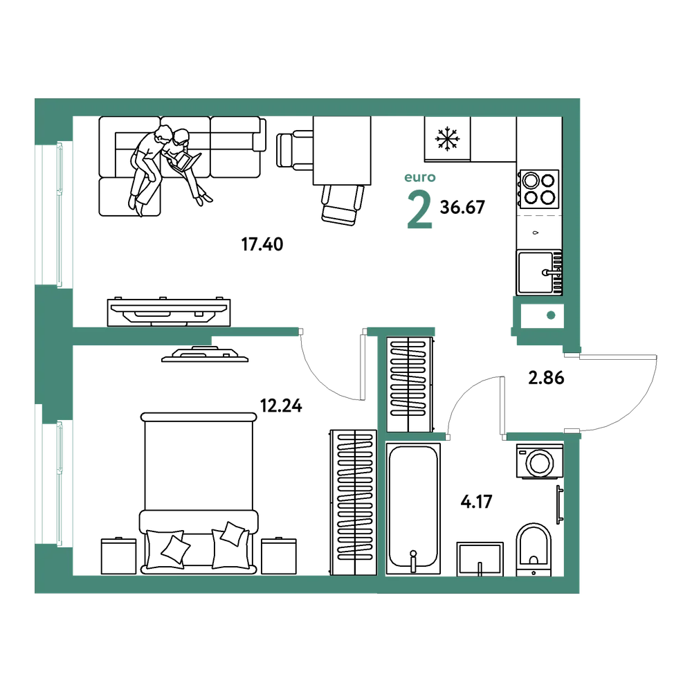 Планировка: Евродвушка 36,67 м²