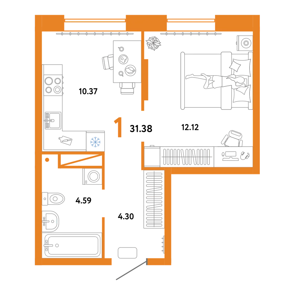 Планировка: 1-комнатная 31,38 м²