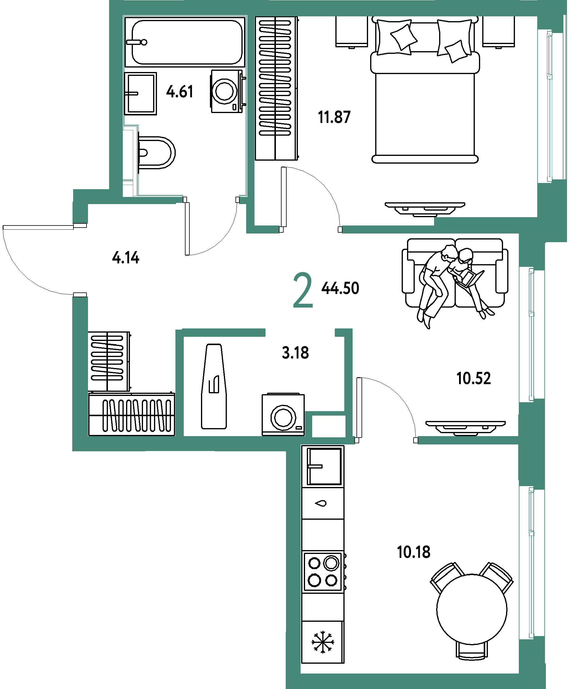 Планировка: 2-комнатная 44,5 м² в ЖК «Сердце Сибири»
