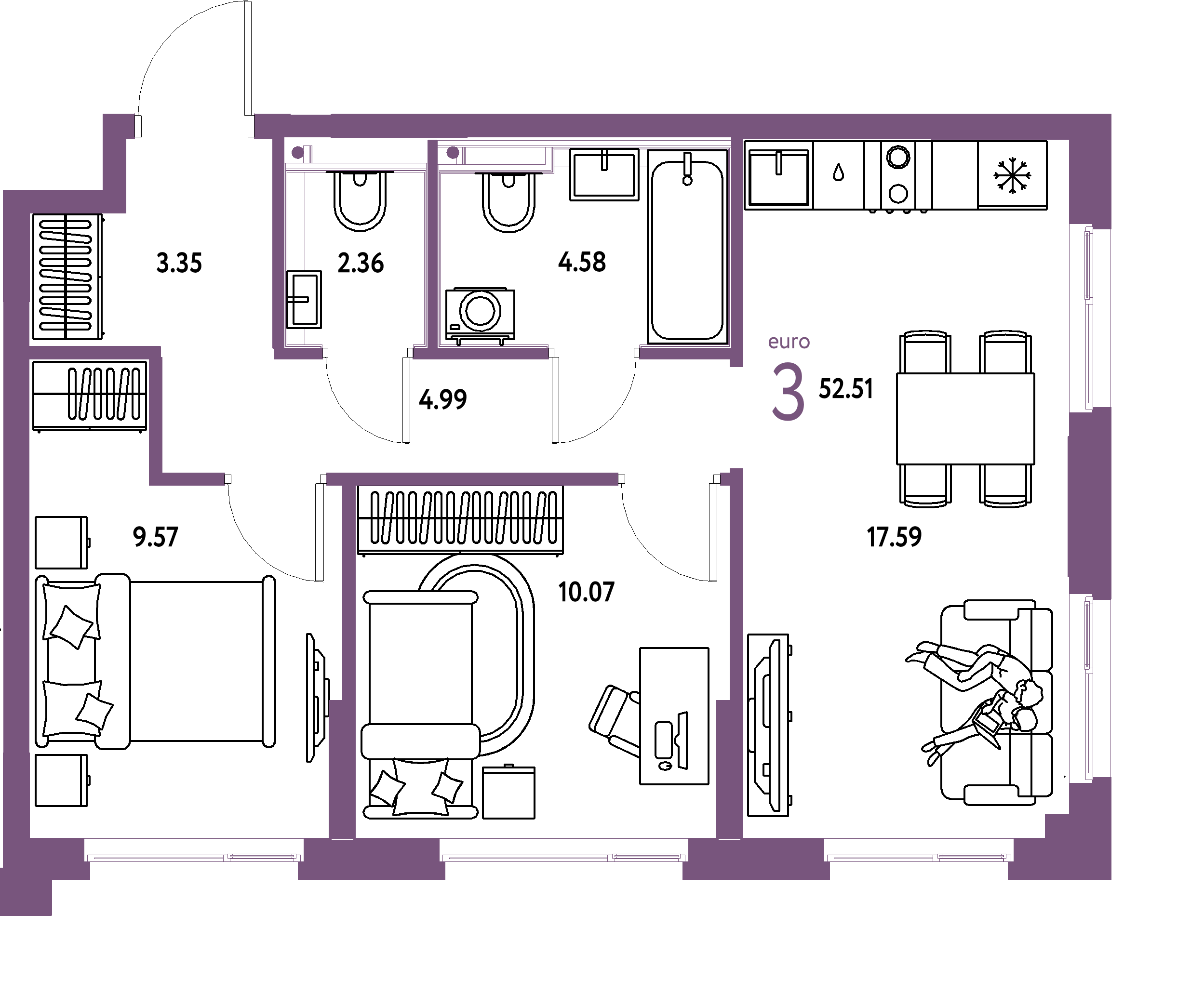 Планировка: Евротрёшка 52,51 м² в ЖК «Сердце Сибири»