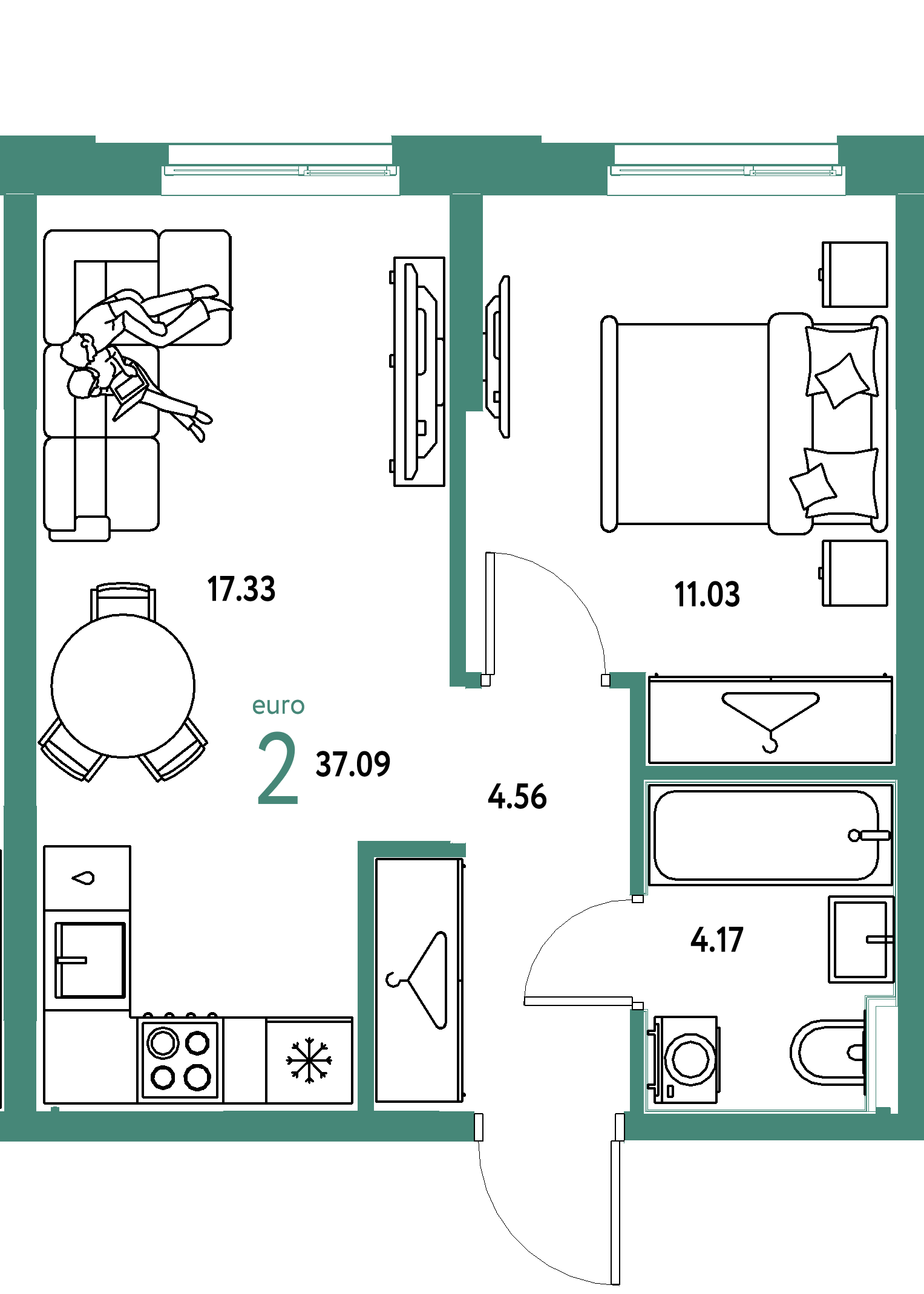 Планировка: Евродвушка 37,09 м² в ЖК «Европейский берег 2.0»