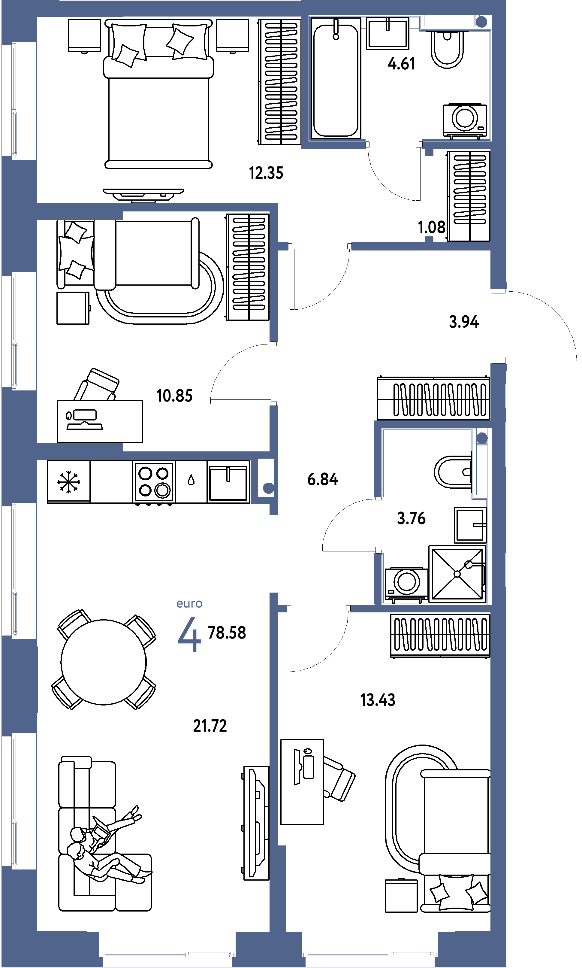 Планировка: Евро-4 78,58 м² в ЖК «Домашний»