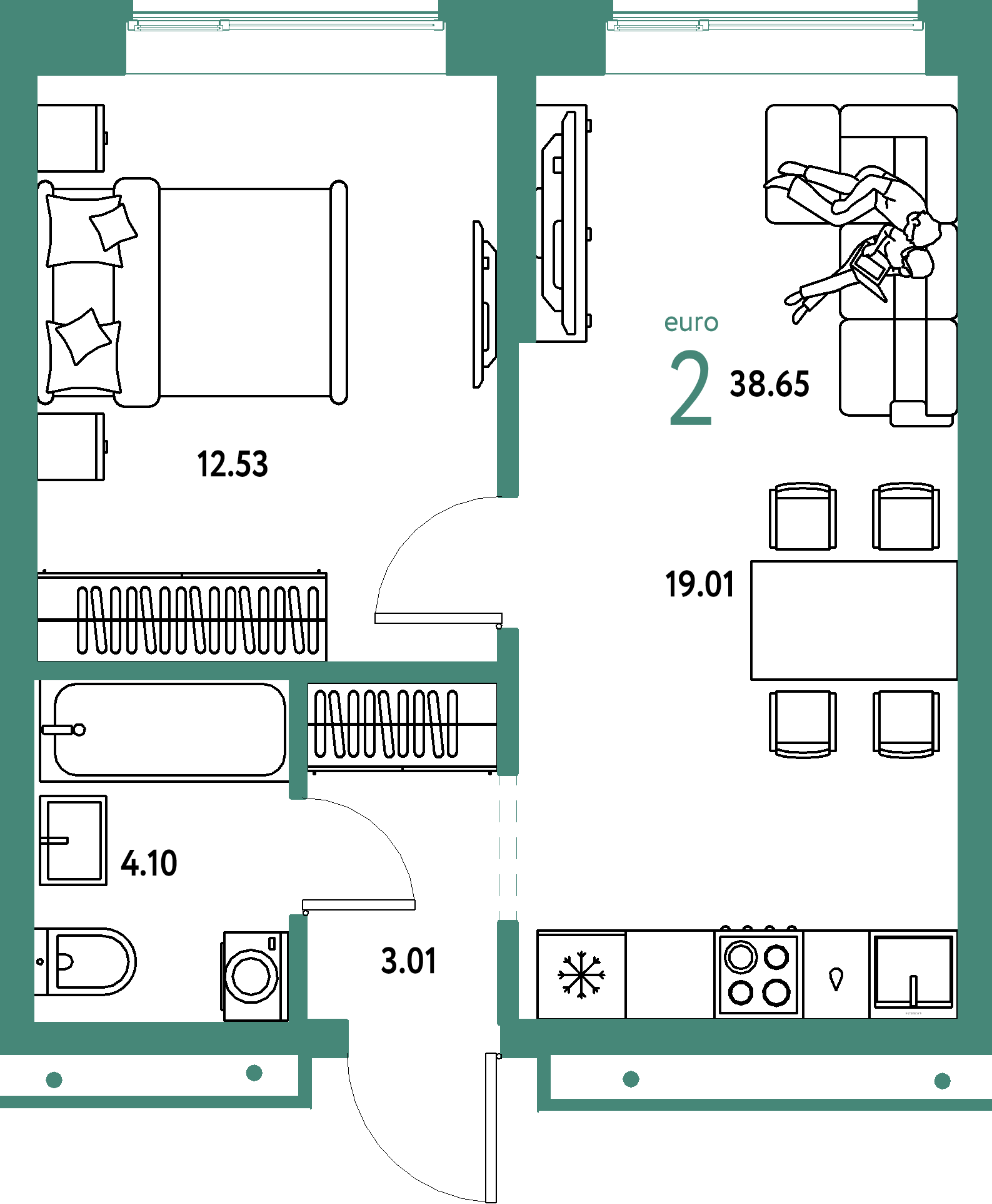 Планировка: Евродвушка 38,65 м² в ЖК «Домашний»