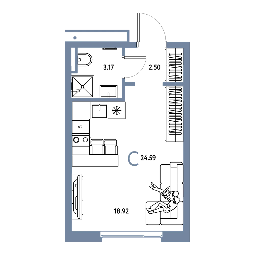 Планировка: Студия 24,59 м²