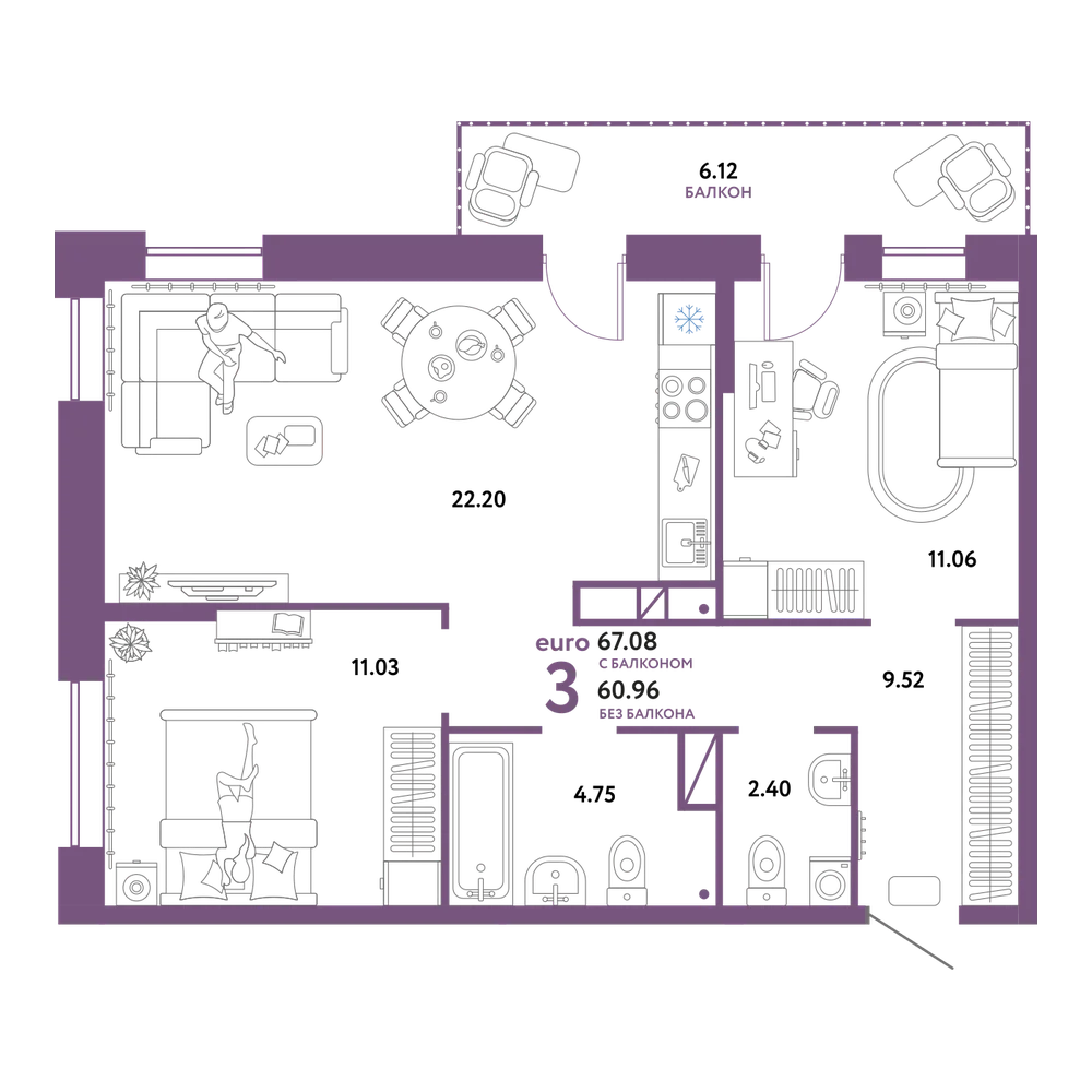 Планировка: Евротрёшка 67,08 м²