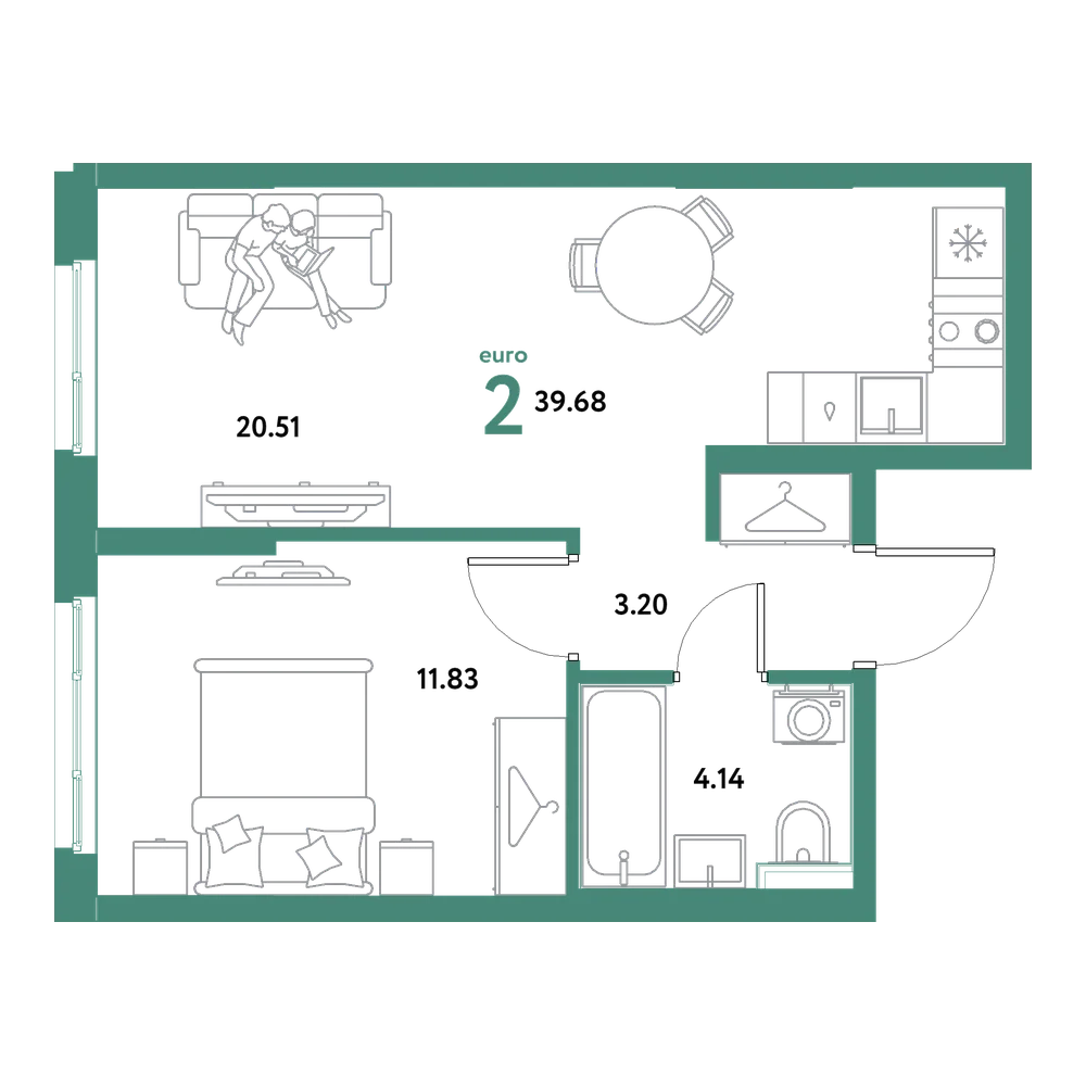 Планировка: Евродвушка 39,68 м²