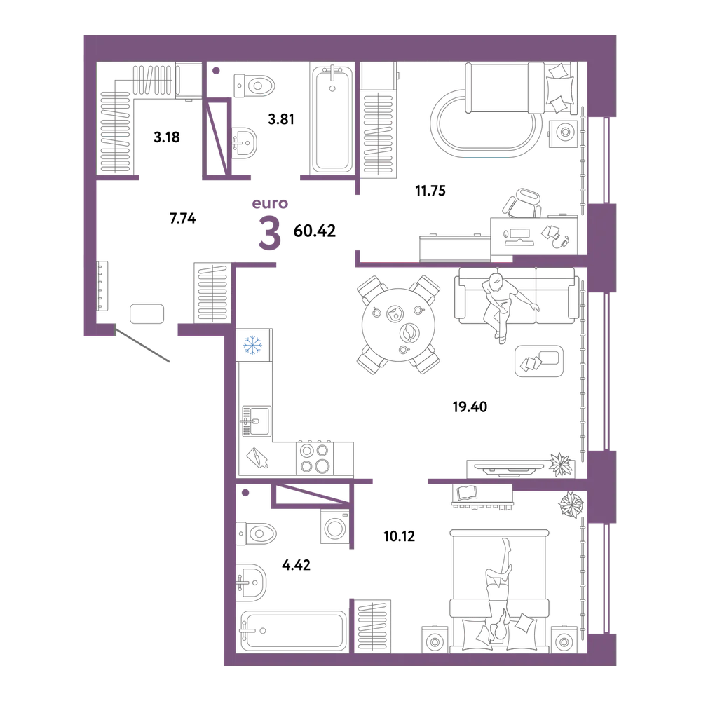Планировка: Евротрёшка 60,42 м²