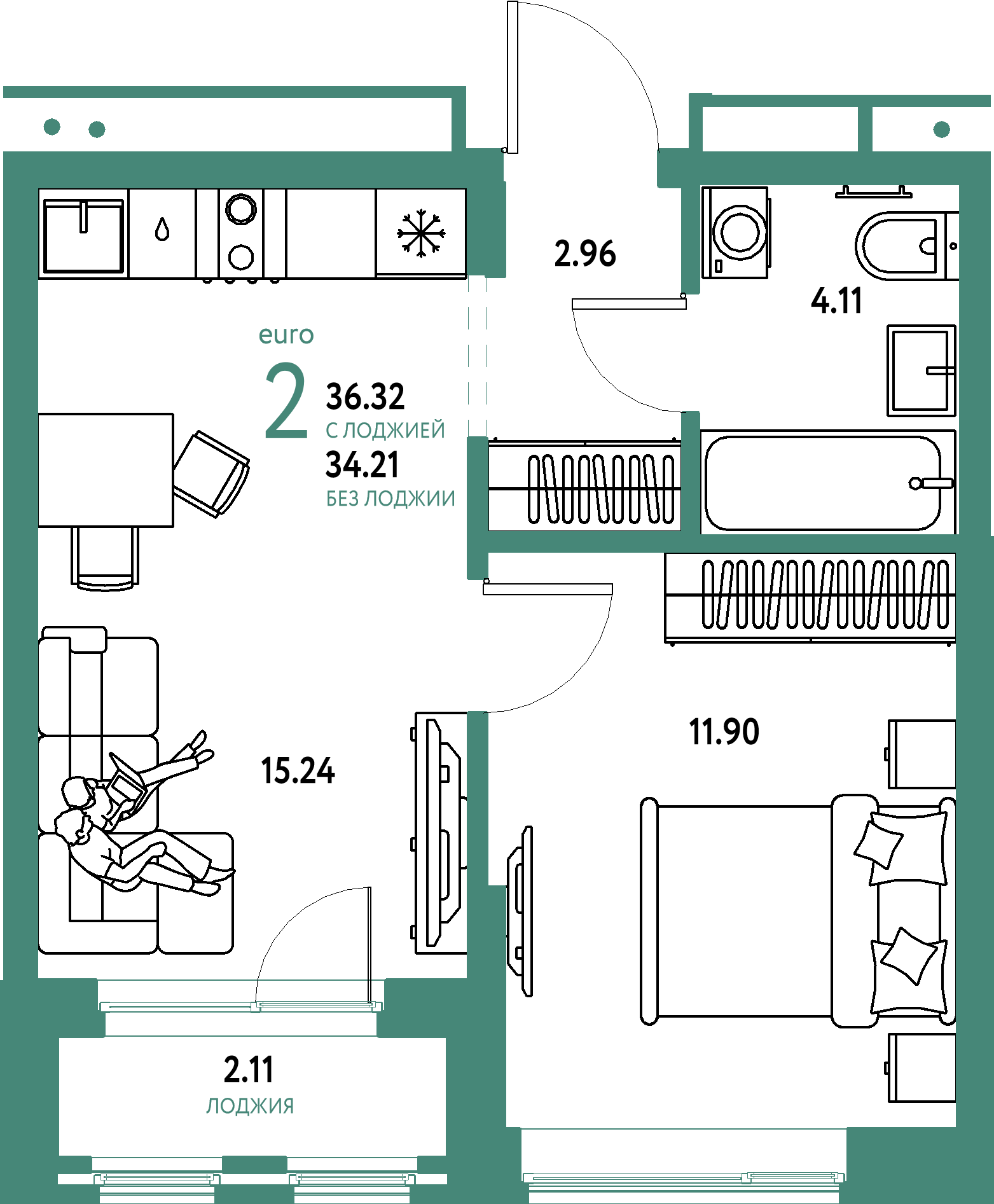 Планировка: Евродвушка 36,32 м² в ЖК «Домашний»