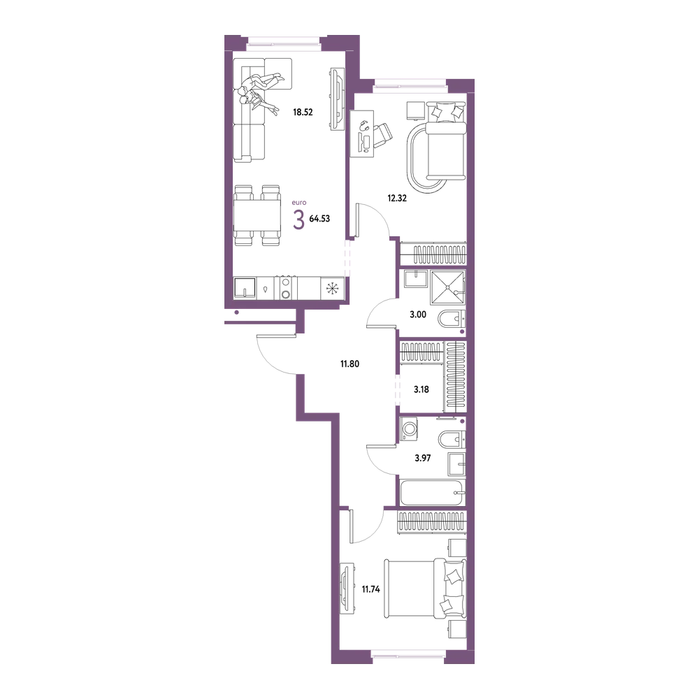 Планировка: Евротрёшка 64,53 м²