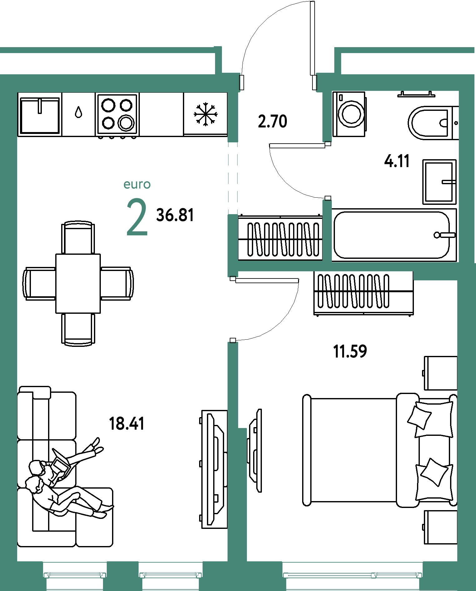 Планировка: Евродвушка 36,81 м² в ЖК «Домашний»