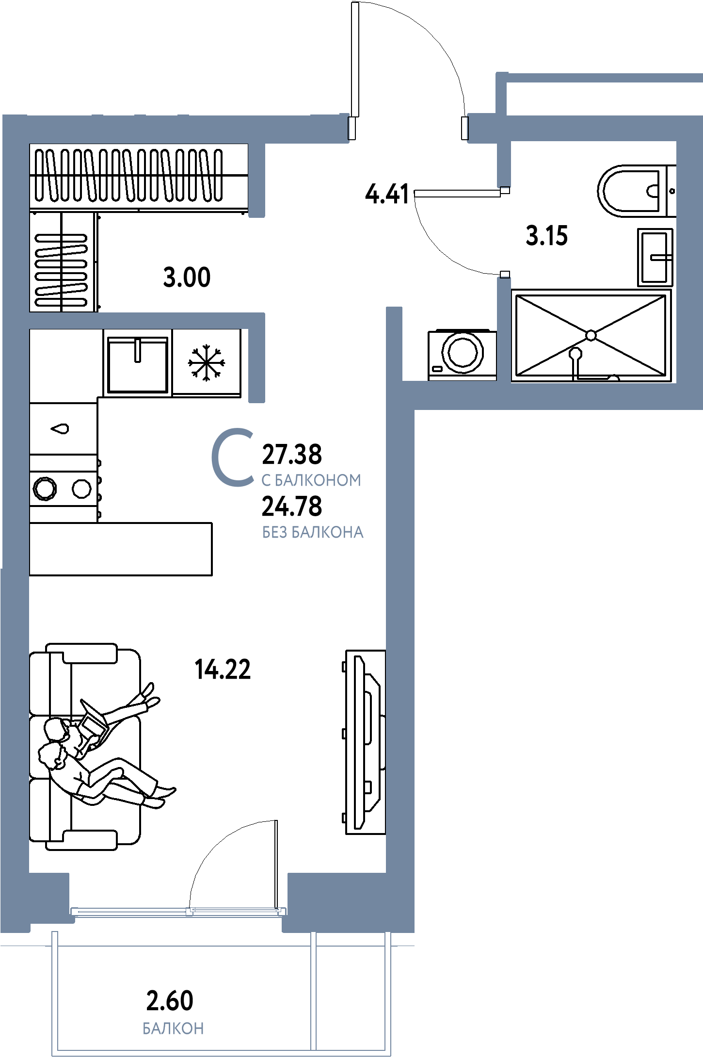 Планировка: Студия 27,38 м² в ЖК «Домашний»