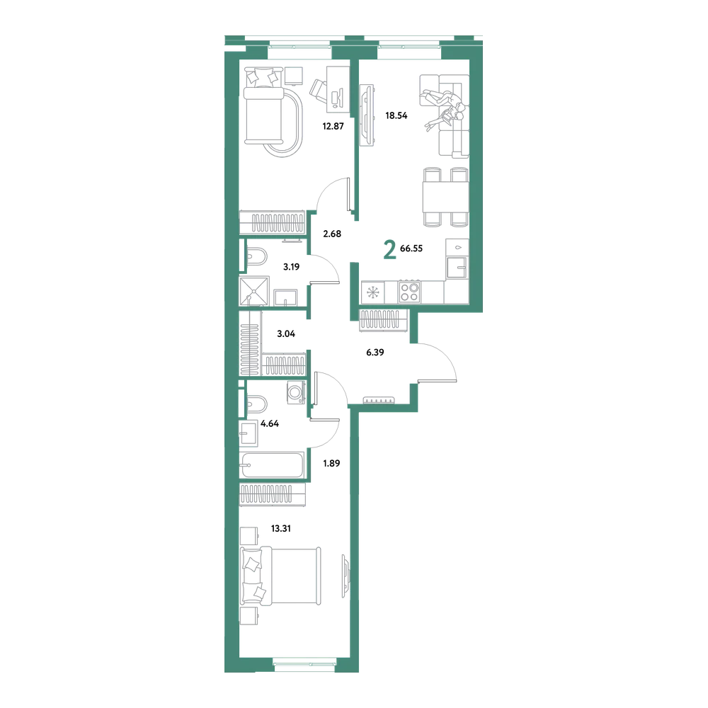 Планировка: Евродвушка 66,55 м²