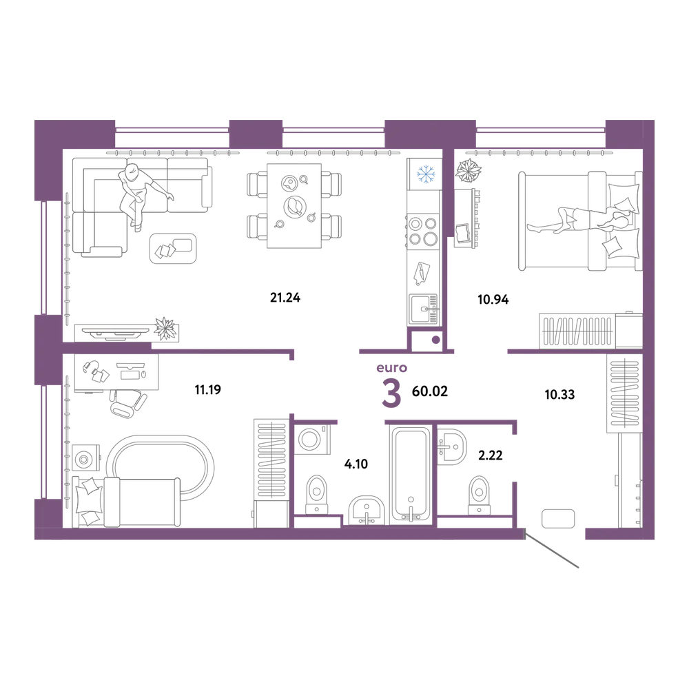 Планировка: Евротрёшка 60,02 м²