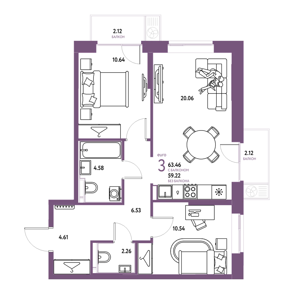 Планировка: Евротрёшка 63,46 м²