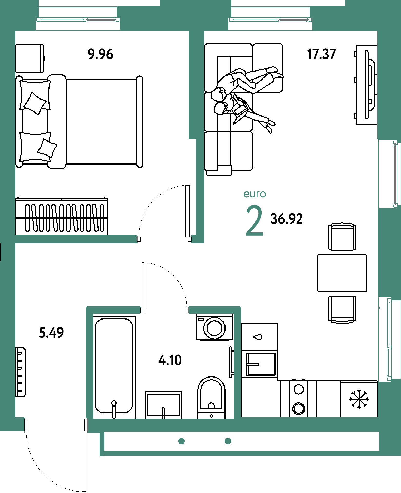 Планировка: Евродвушка 36,92 м² в ЖК «Домашний»
