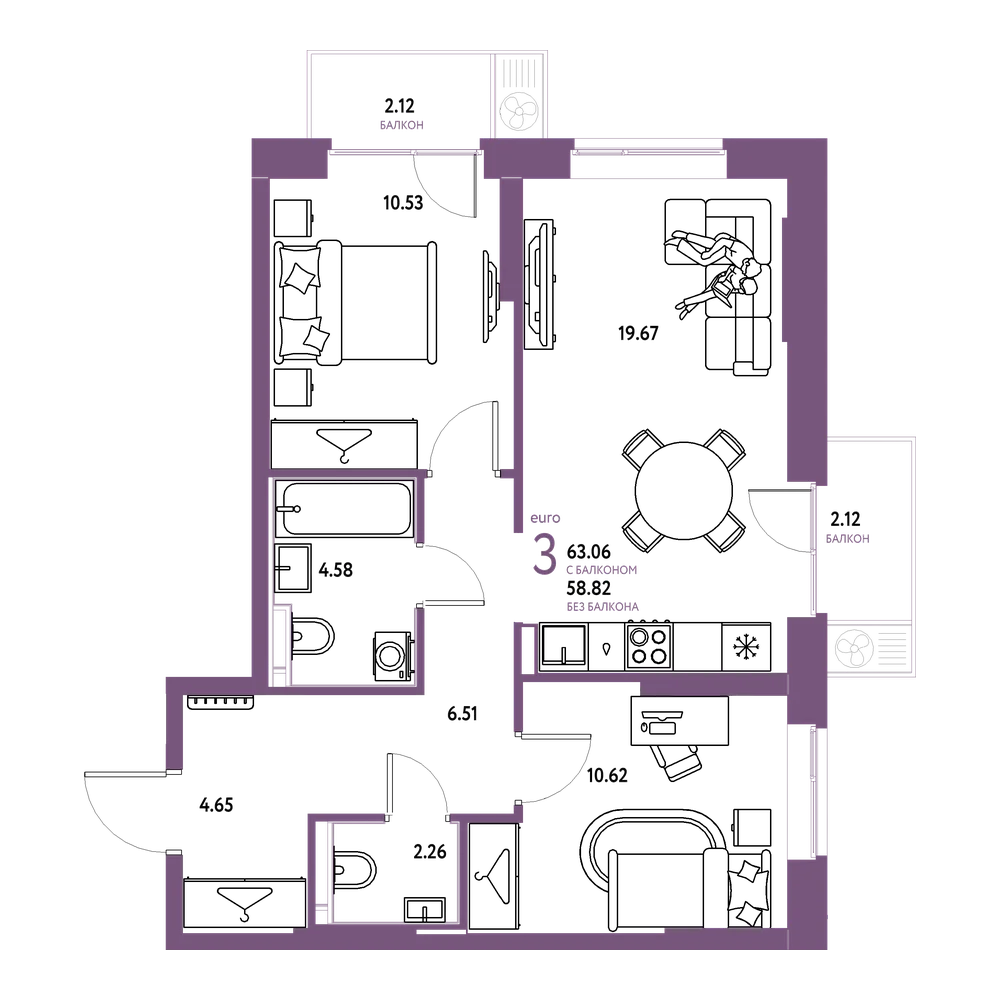 Планировка: Евротрёшка 63,06 м²