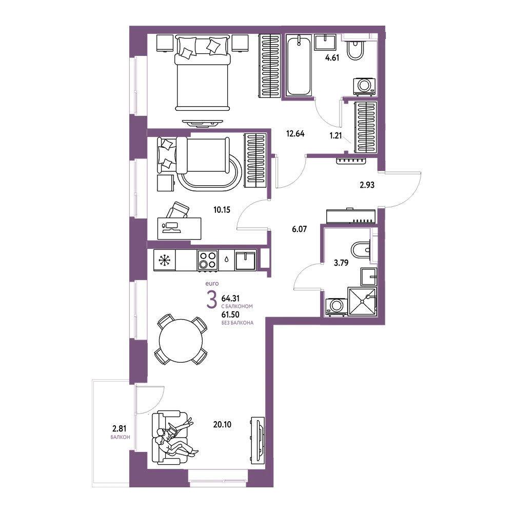 Планировка: Евротрёшка 64,31 м²