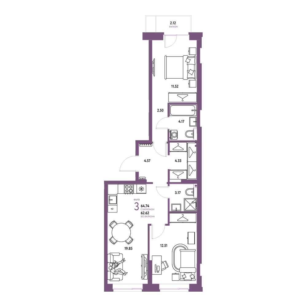 Планировка: Евротрёшка 64,74 м²