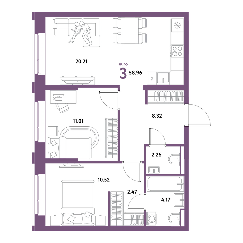 Планировка: Евротрёшка 58,96 м²