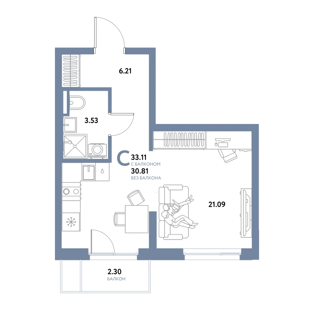 Планировка: Студия 33,11 м²