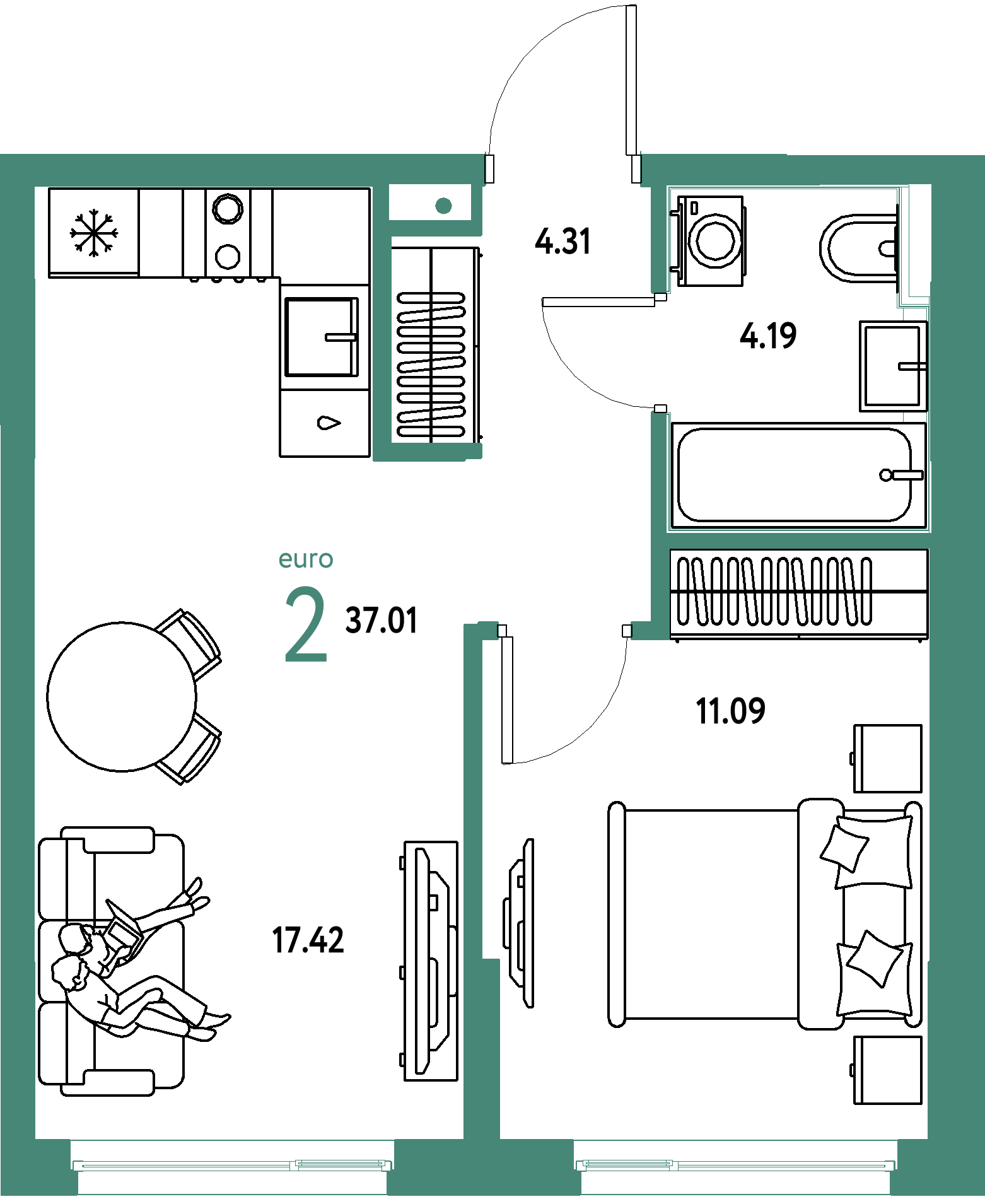 Планировка: Евродвушка 37,01 м² в ЖК «Сердце Сибири»