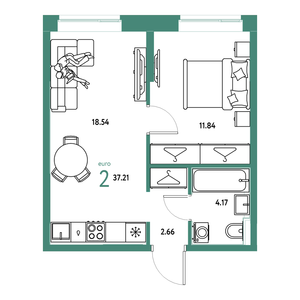 Планировка: Евродвушка 37,21 м²