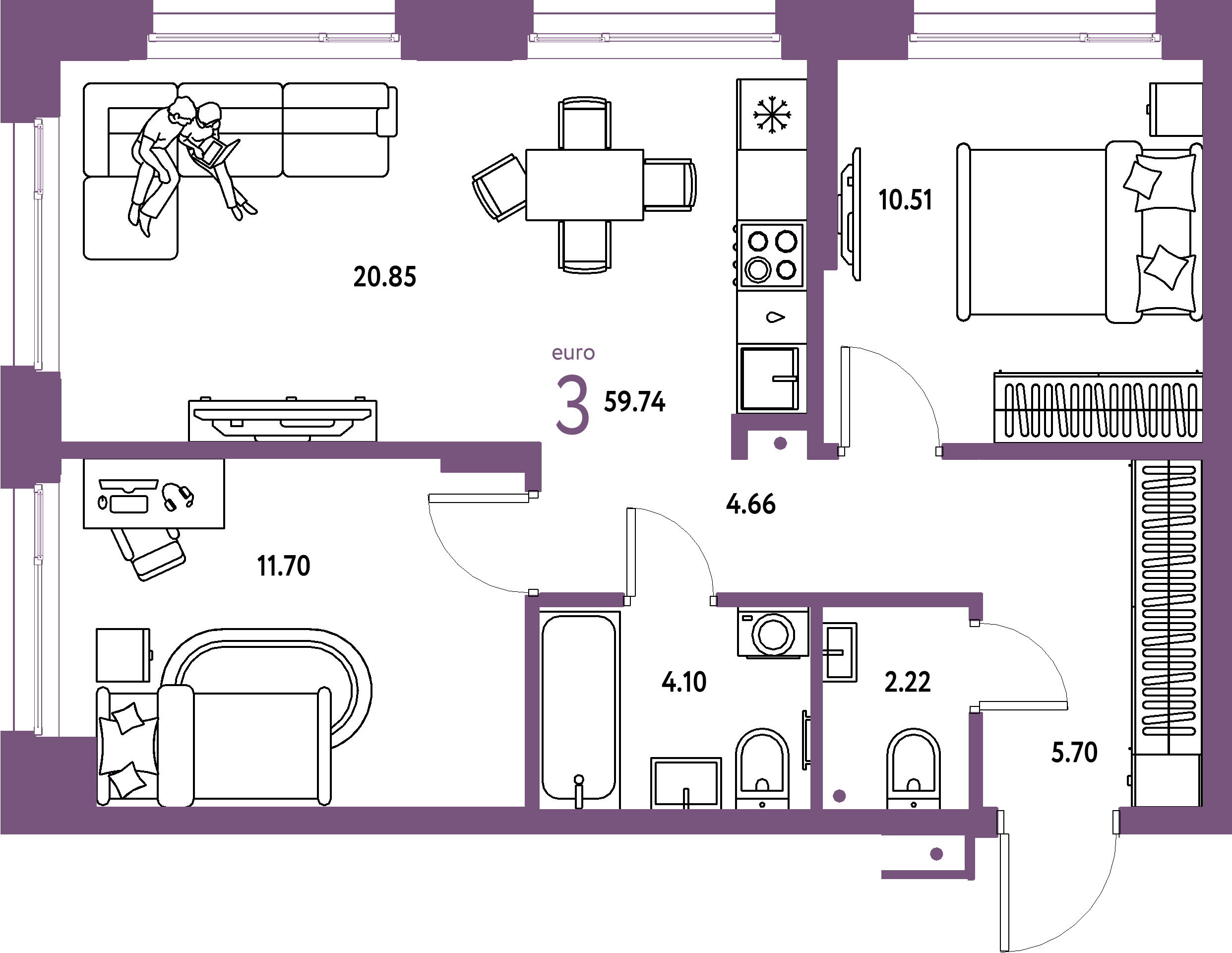 Планировка: Евротрёшка 59,74 м² в ЖК «Домашний»