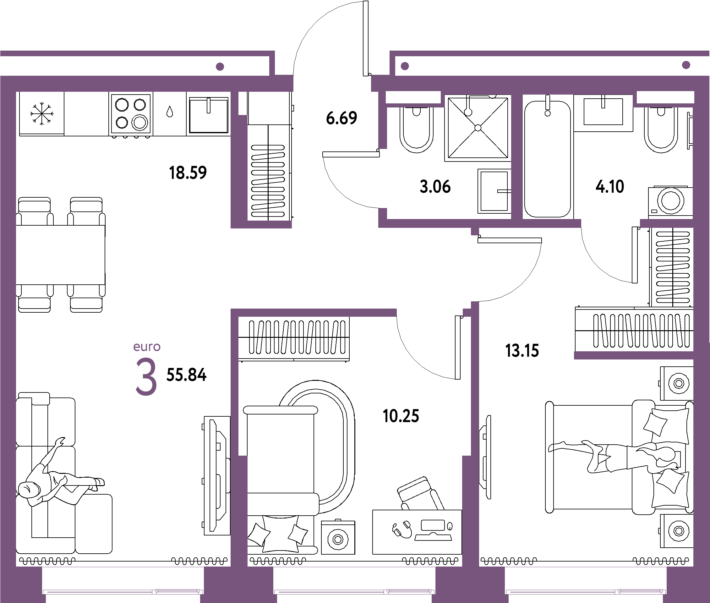 Планировка: Евротрёшка 55,84 м² в ЖК «Домашний»