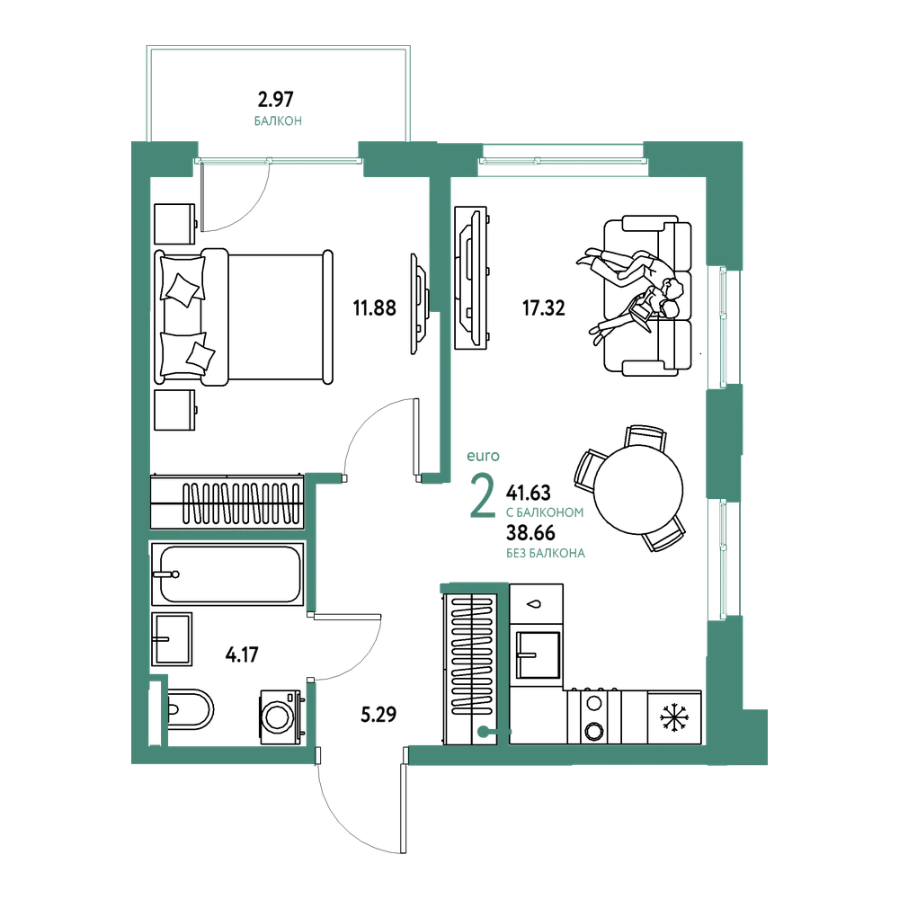Планировка: Евродвушка 41,63 м²