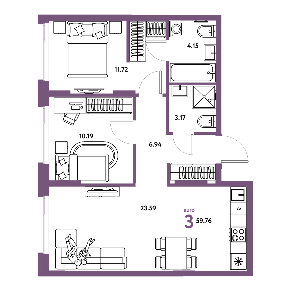 Планировка: Евротрёшка 59,76 м²