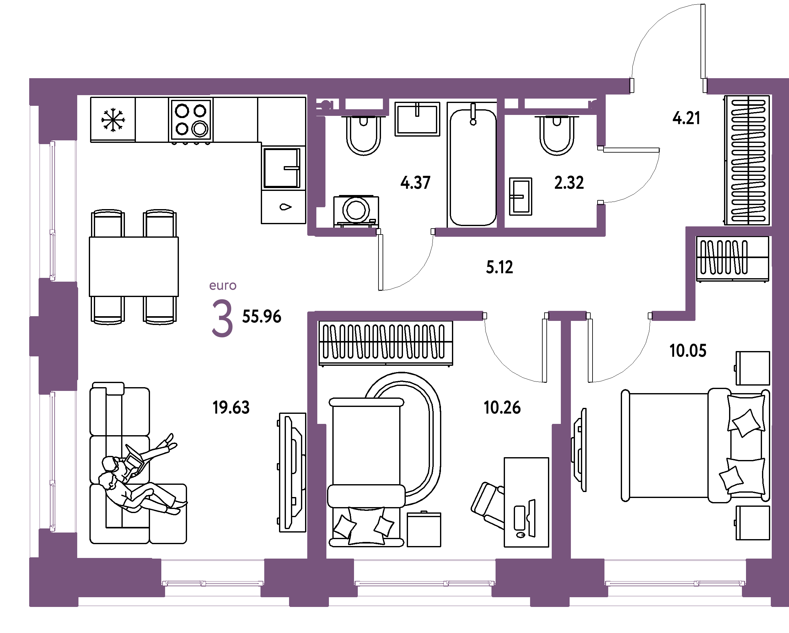 Планировка: Евротрёшка 55,96 м² в ЖК «Остров-сад»