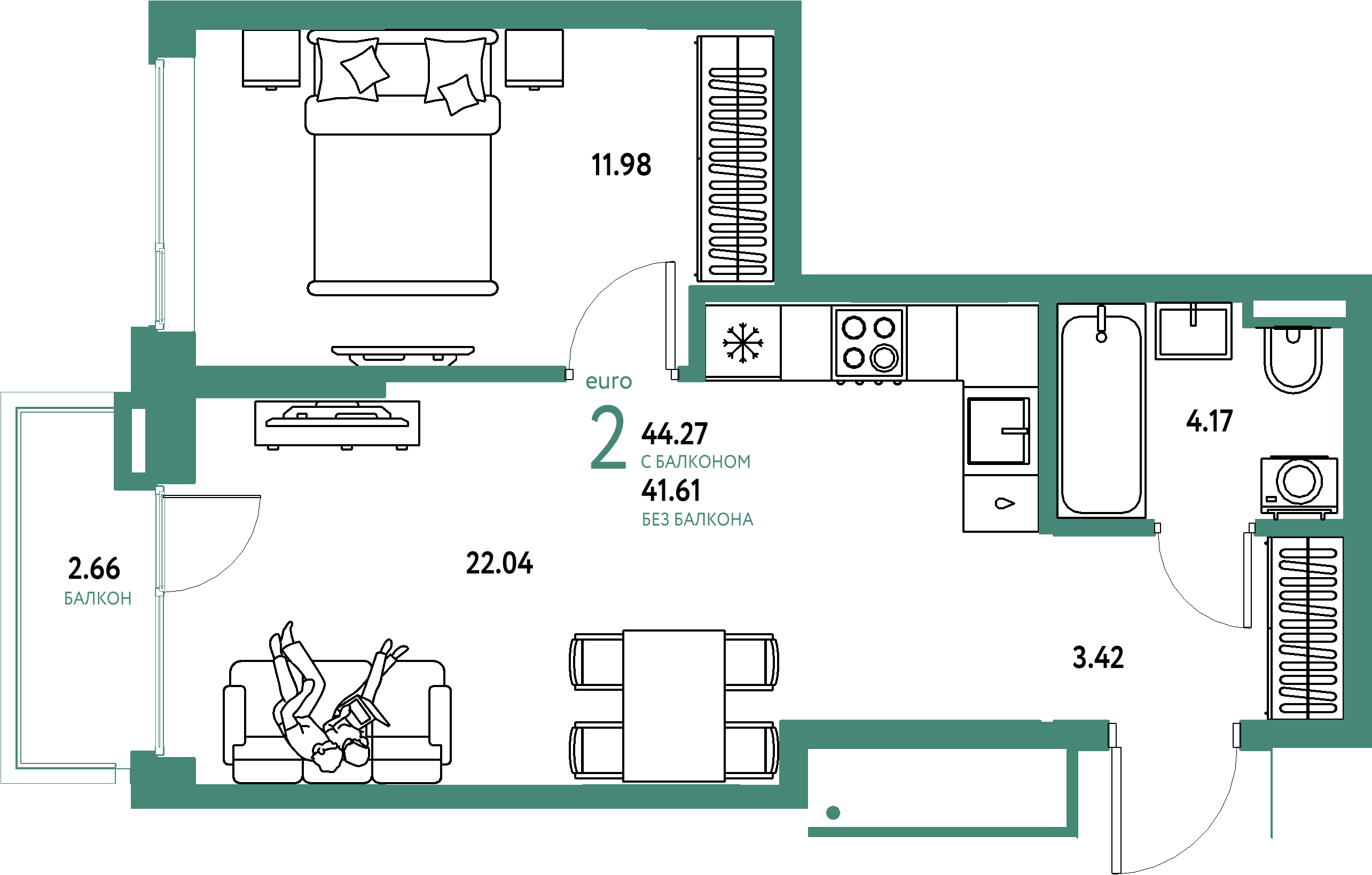 Планировка: Евродвушка 44,27 м² в ЖК «Страна.Прибрежная»