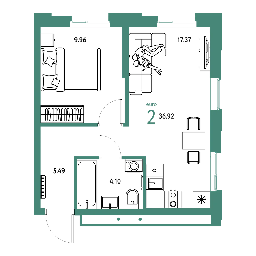 Планировка: Евродвушка 36,92 м²