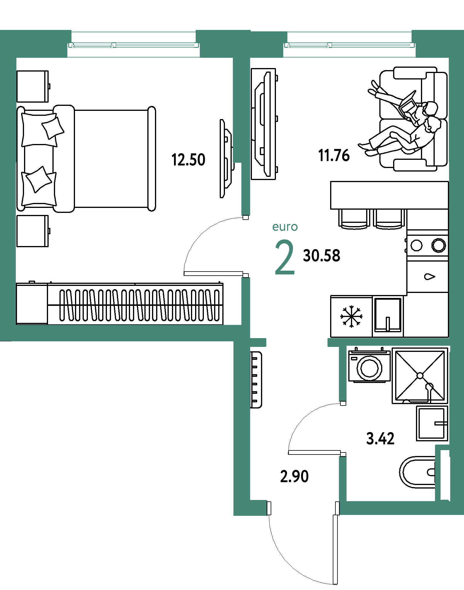 Планировка: Евродвушка 30,58 м² в ЖК «Остров-сад»