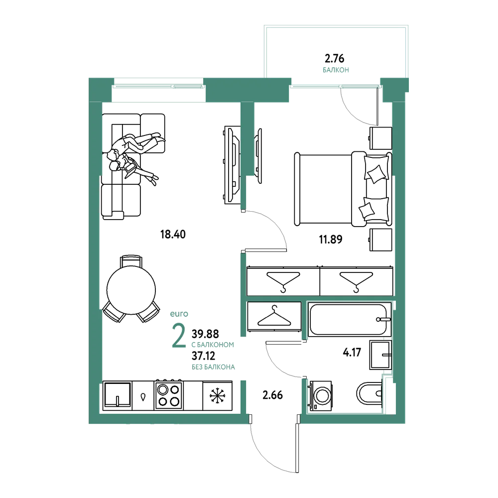 Планировка: Евродвушка 39,88 м²