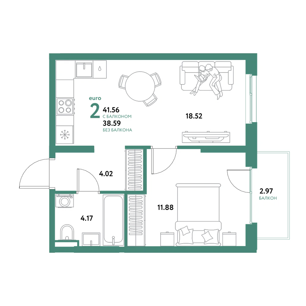 Планировка: Евродвушка 41,56 м²