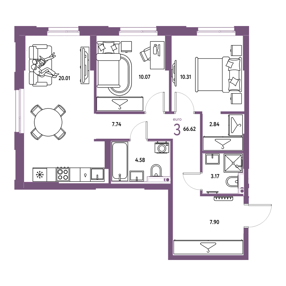 Планировка: Евротрёшка 66,62 м²