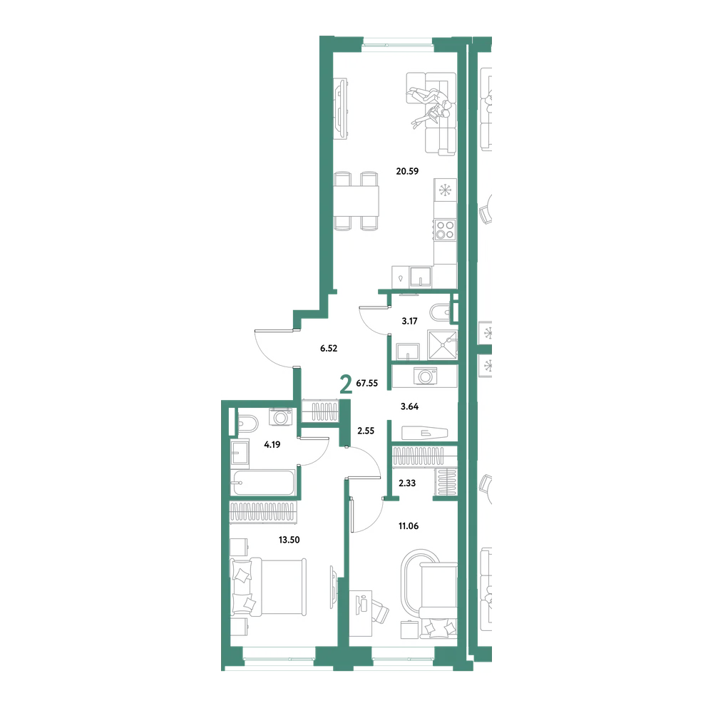 Планировка: 2-комнатная 67,55 м²