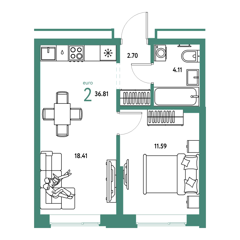 Планировка: Евродвушка 36,81 м²