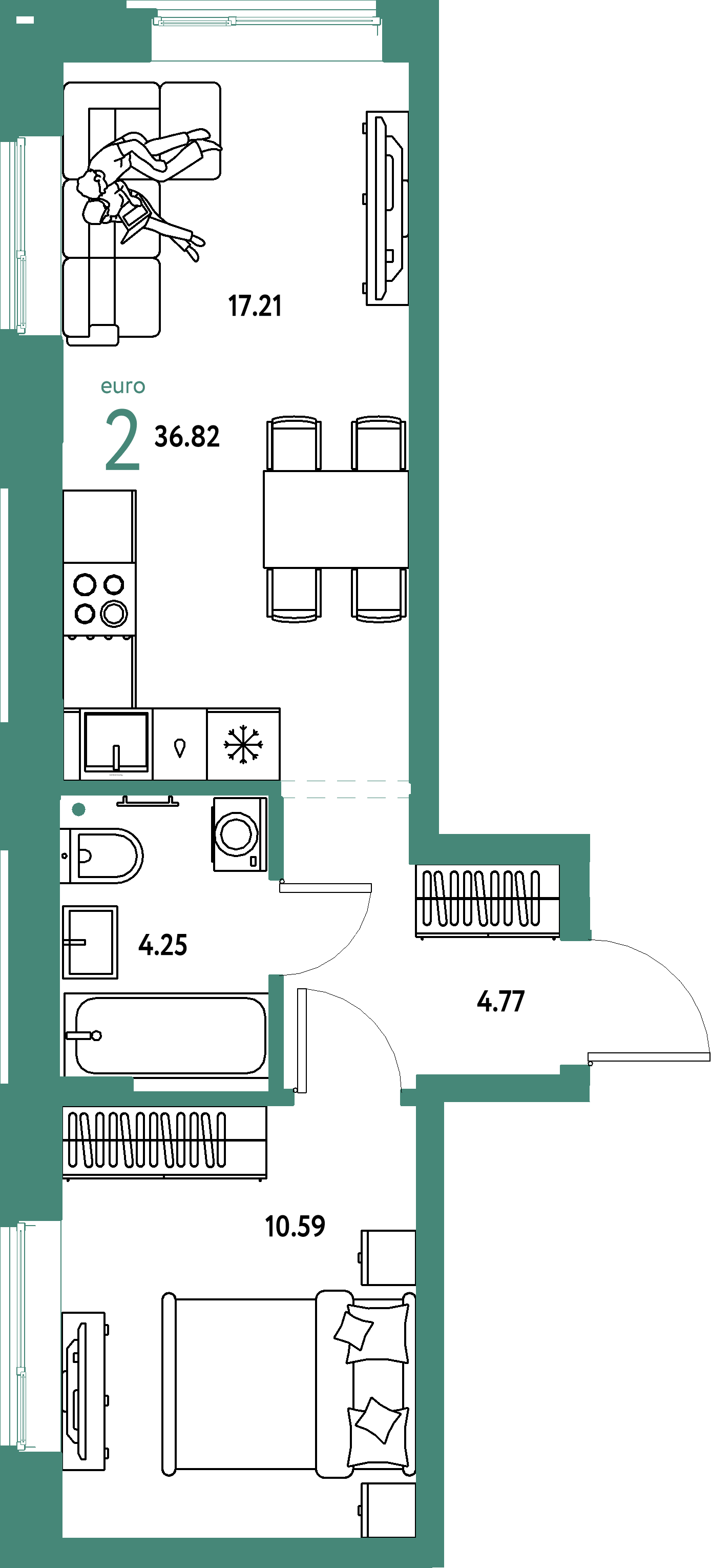 Планировка: Евродвушка 36,82 м² в ЖК «Домашний»